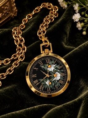 Vintage 18K Gold Plated Floral Japan Quartz 24-Hour Pendant Watch | Bag Charm